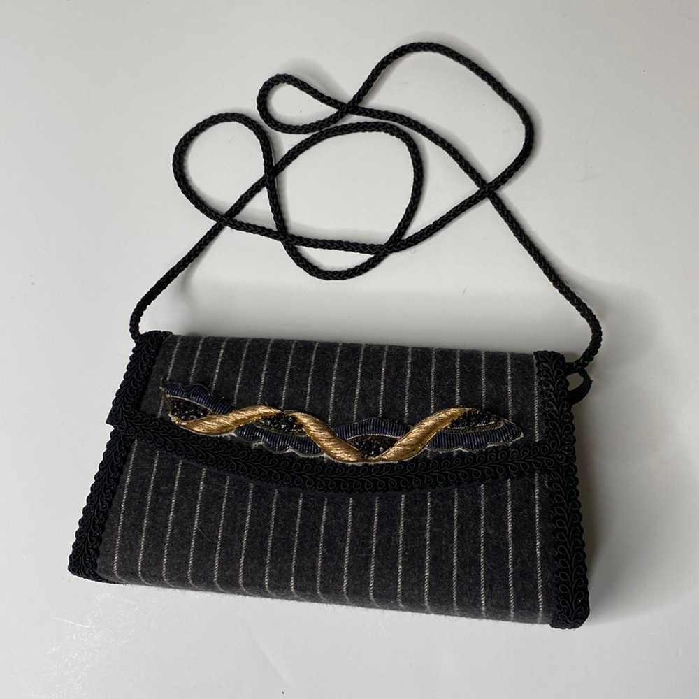 Rare Ted Clayton Charcoal Gray Pinstripe & Gold Embroidered Convertible Mini Bag